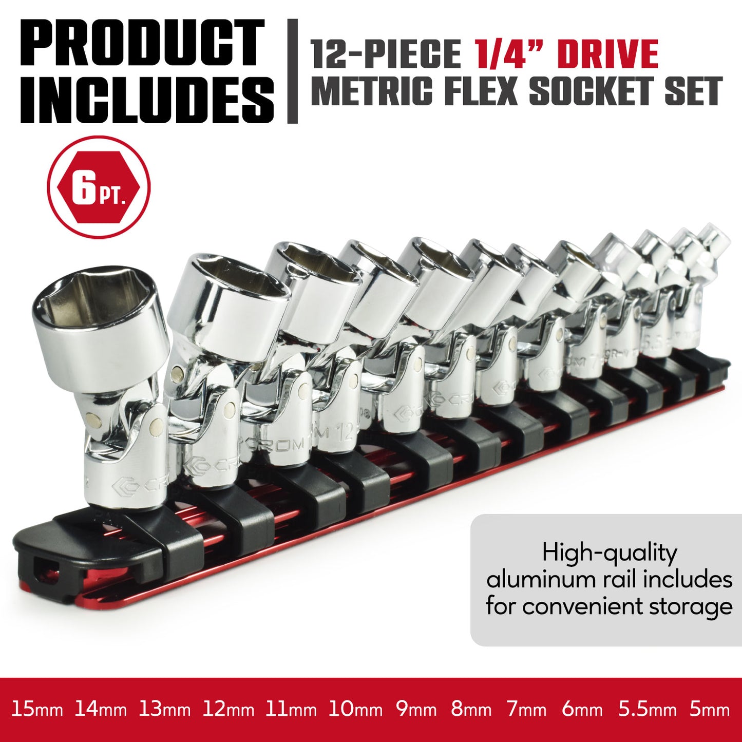 12-Piece 1/4” Drive Metric Flex Socket Set – 6 Points