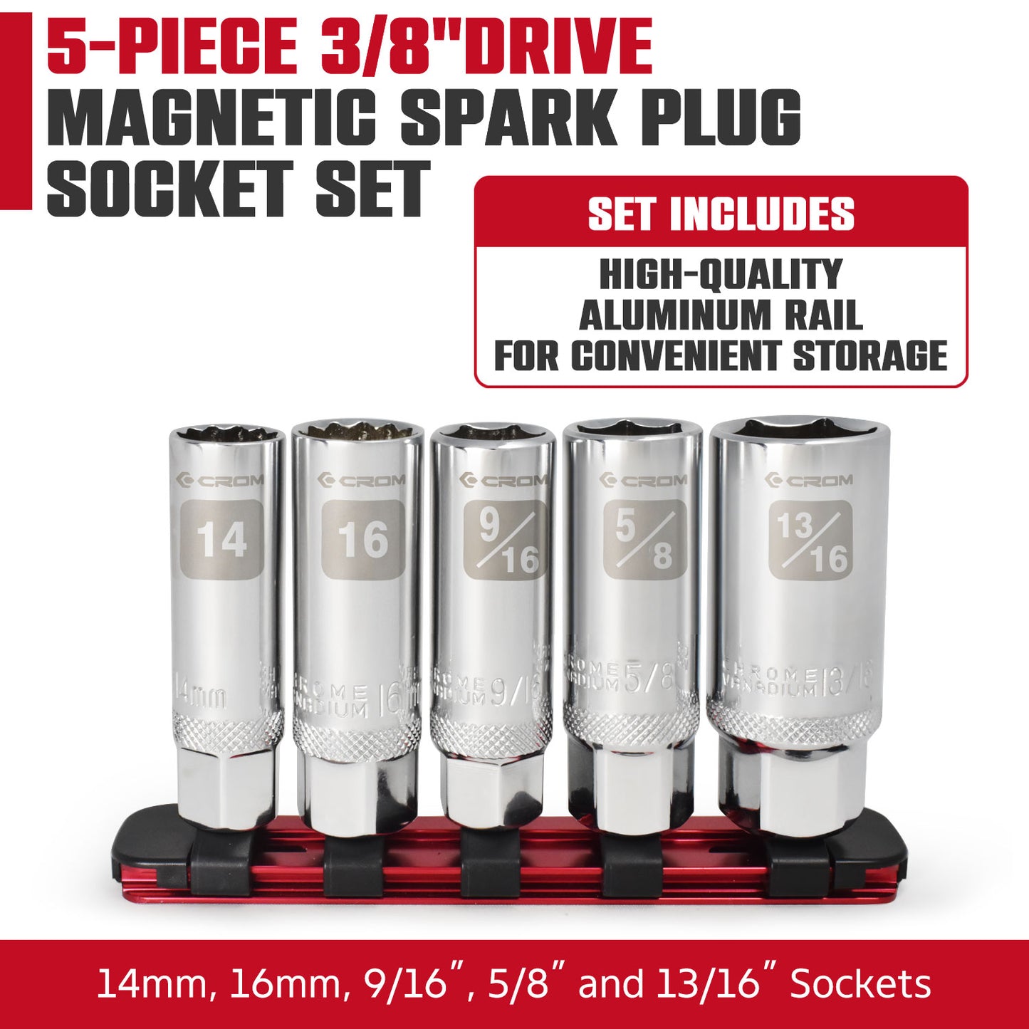 5-Piece 3/8” Drive Magnetic Spark Plug Socket Set - 13001