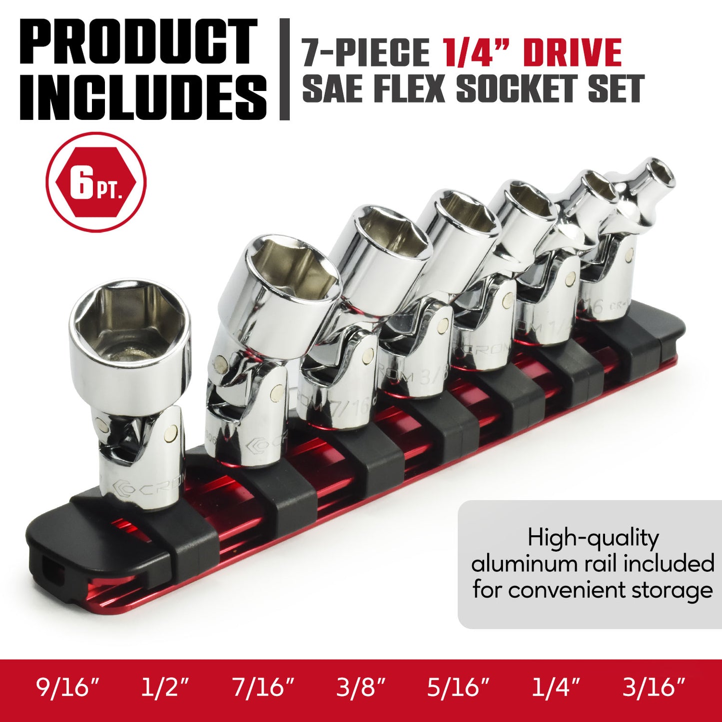 7-Piece 1/4” Drive SAE Flex Socket Set – 6 Points