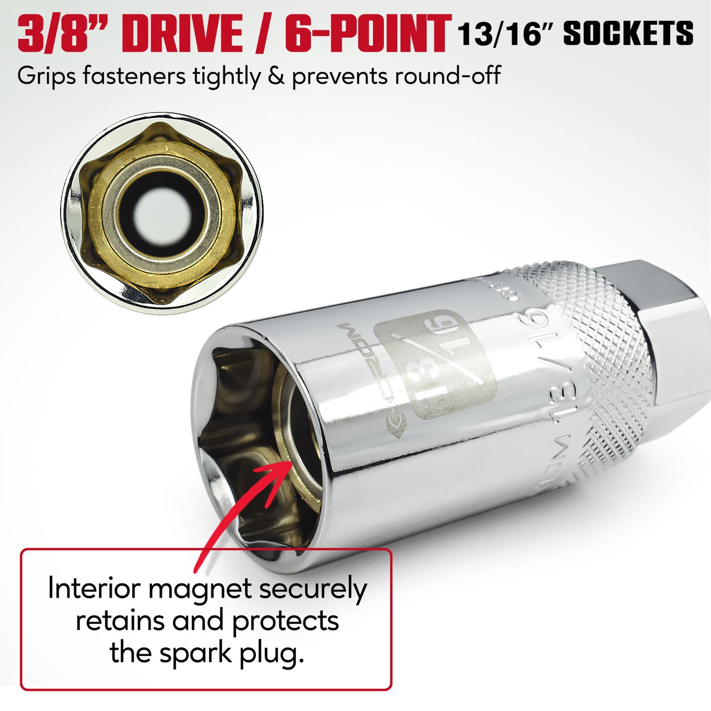 1-Piece 3/8” Drive Magnetic Spark Plug Socket - 6 Points (13/16 inch)